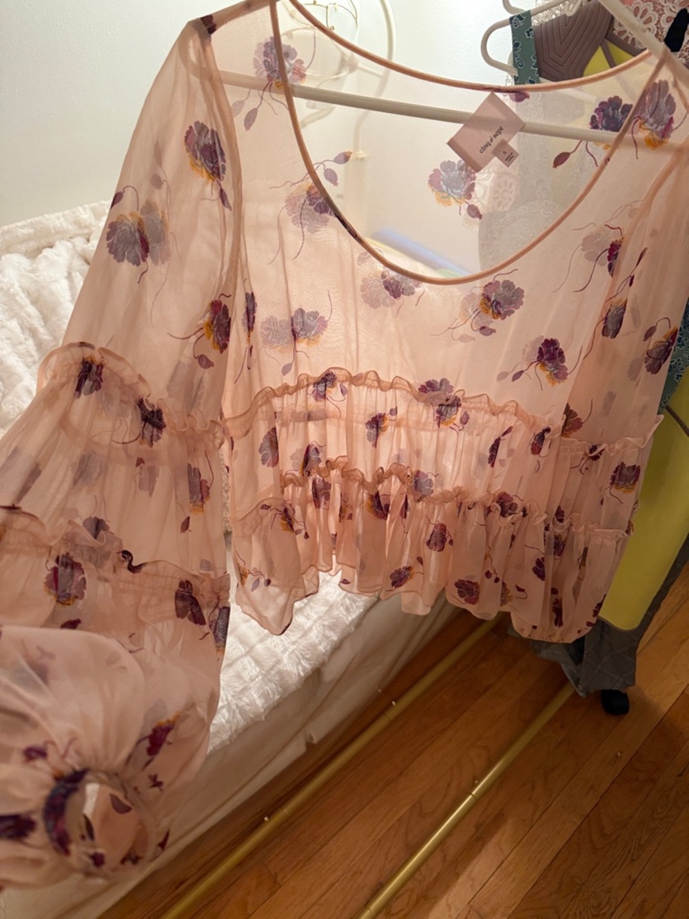 cinq a sept Pink Sheer Floral Ruffle Blouse